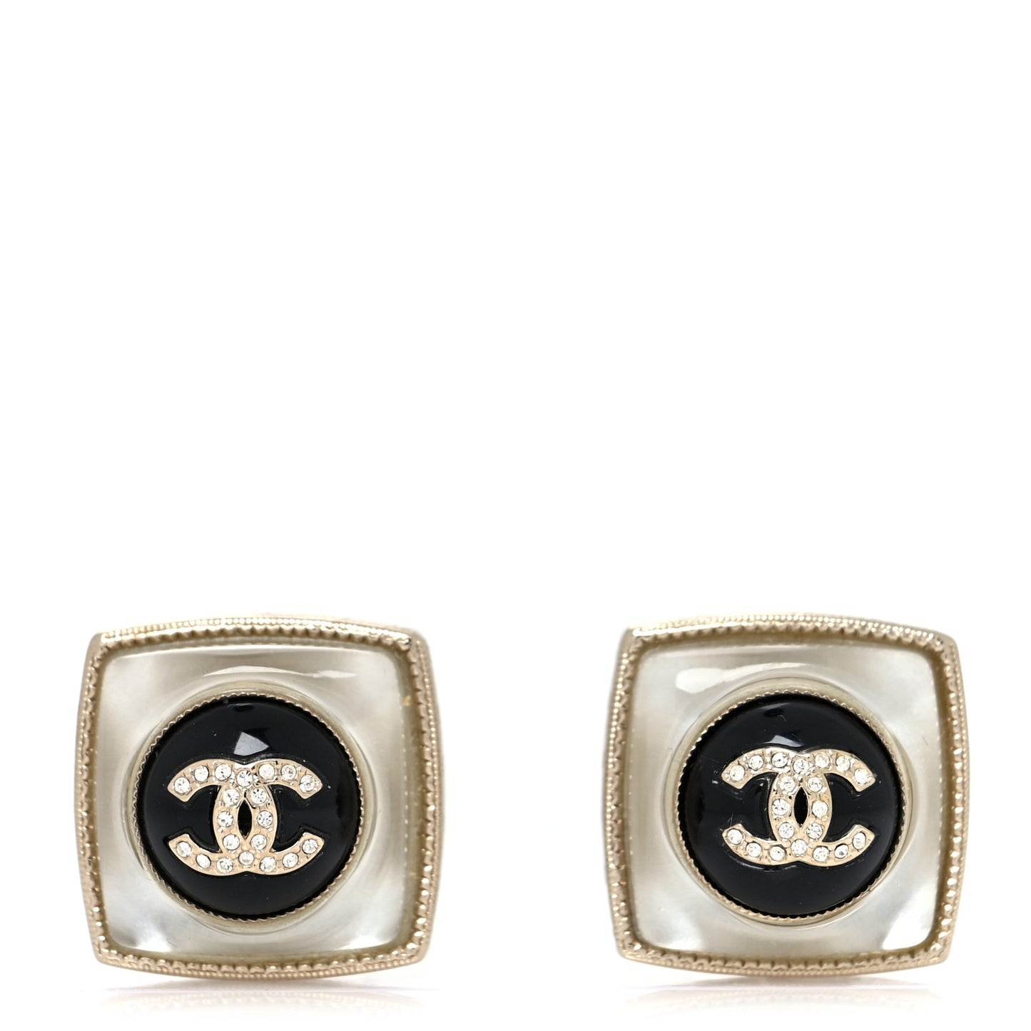Metal Glass Pearl Strass CC Earrings Black Gold