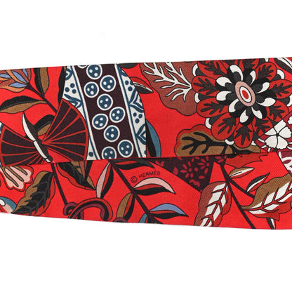 Hermes Silk Fleurs et Papillons de Tissus Twilly Rouge Bordeaux Bleu 3 of 4