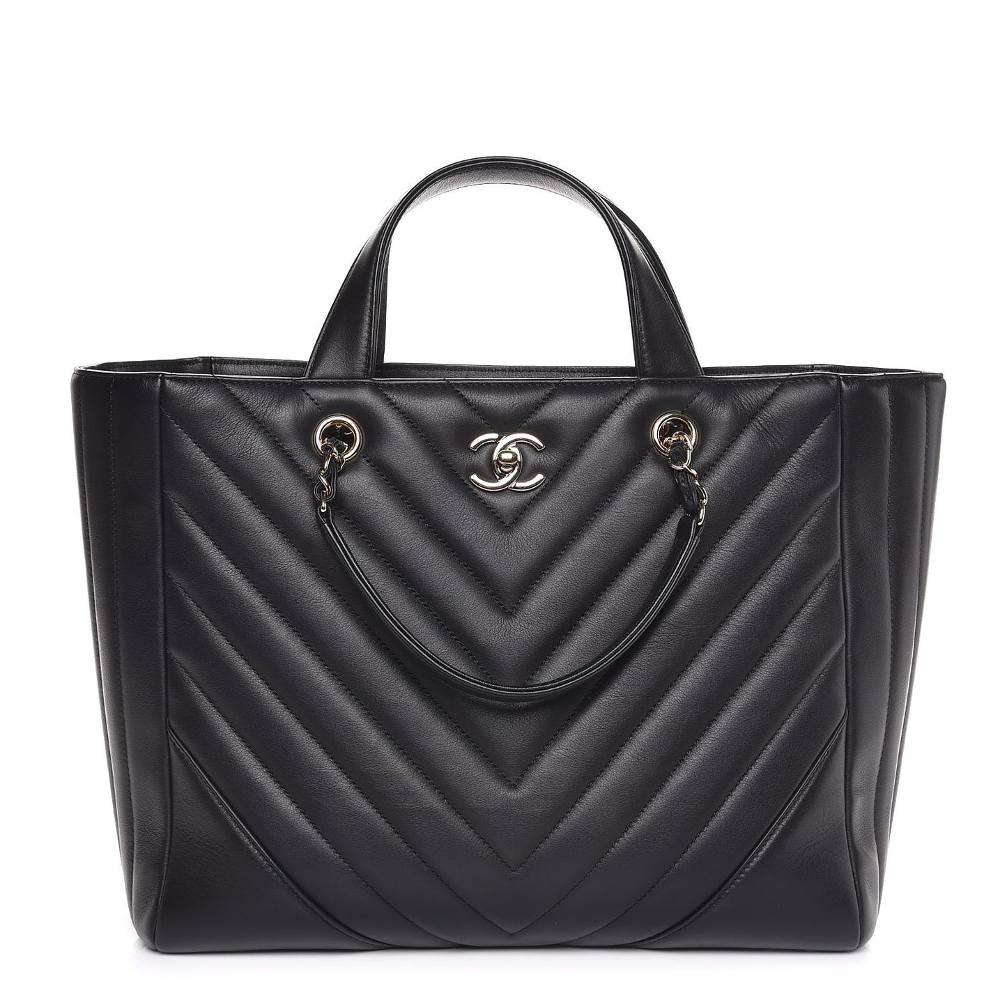 Calfskin Chevron Quilted Large Shopping Tote Black