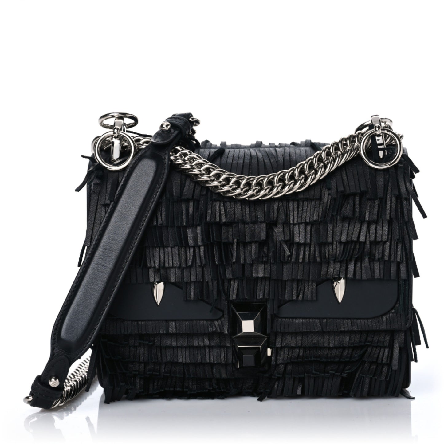 Smooth Calfskin Monster Eyes Fringe Studded Small Kan I Shoulder Bag Black