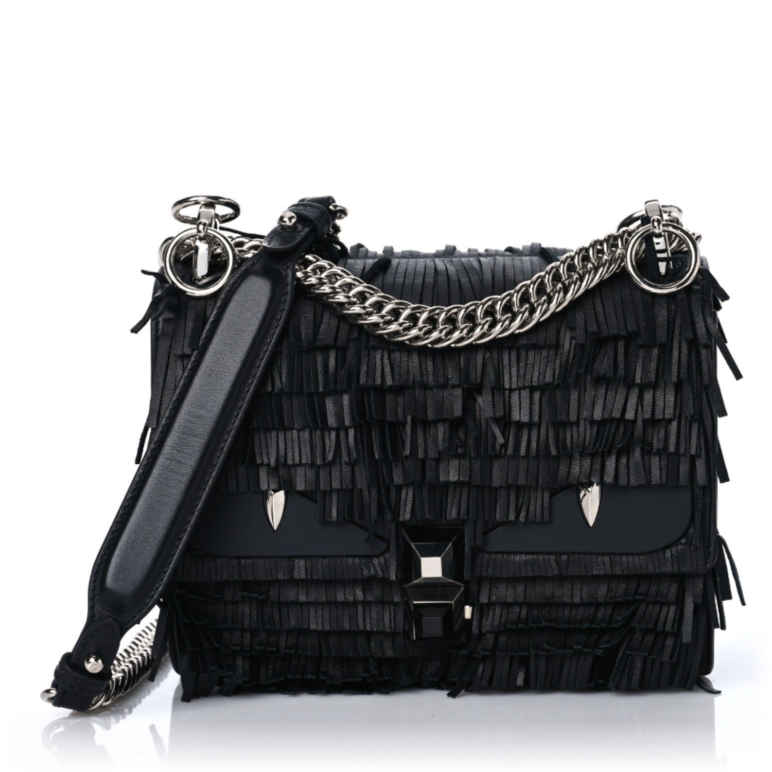 Fendi Smooth Calfskin Monster Eyes Fringe Studded Small Kan I Shoulder Bag Black 1 of 8