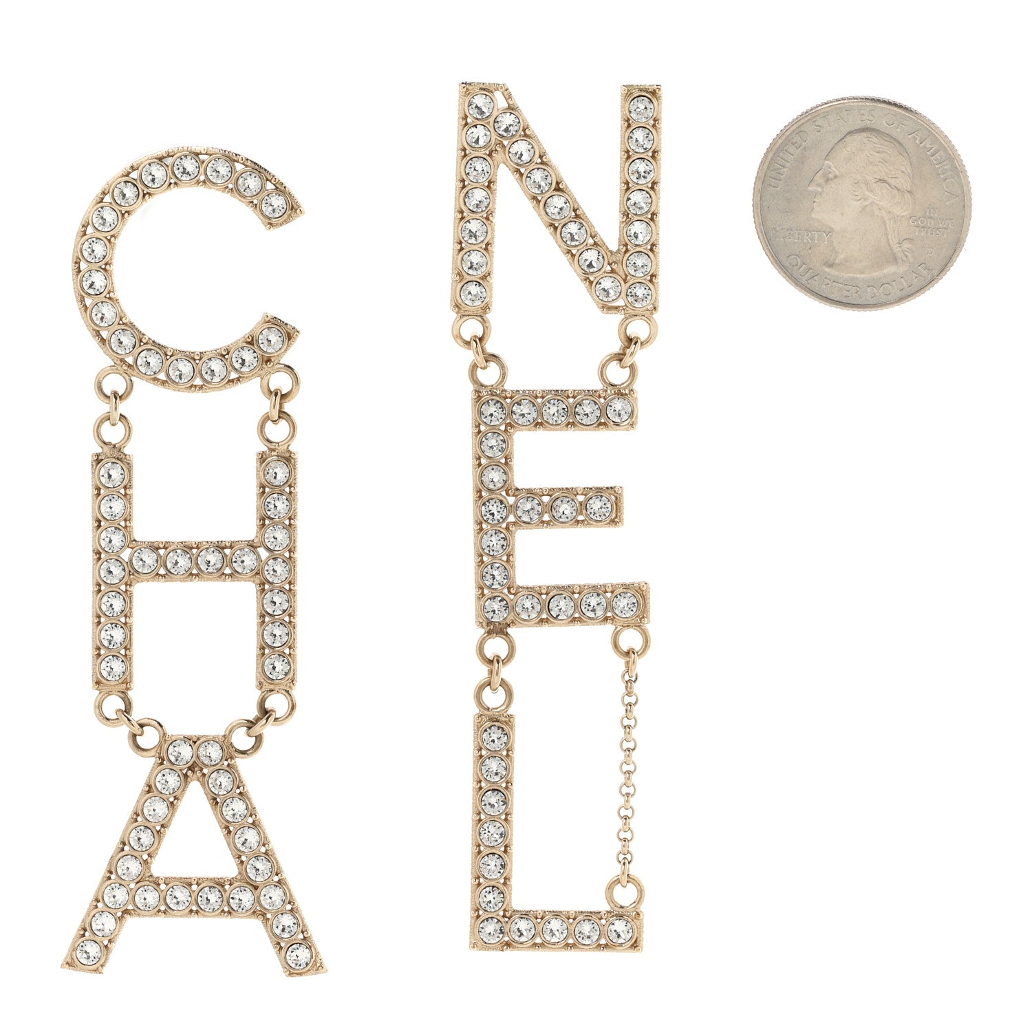 Chanel Crystal Cha-Nel Logo Drop Earrings Gold 2 of 4