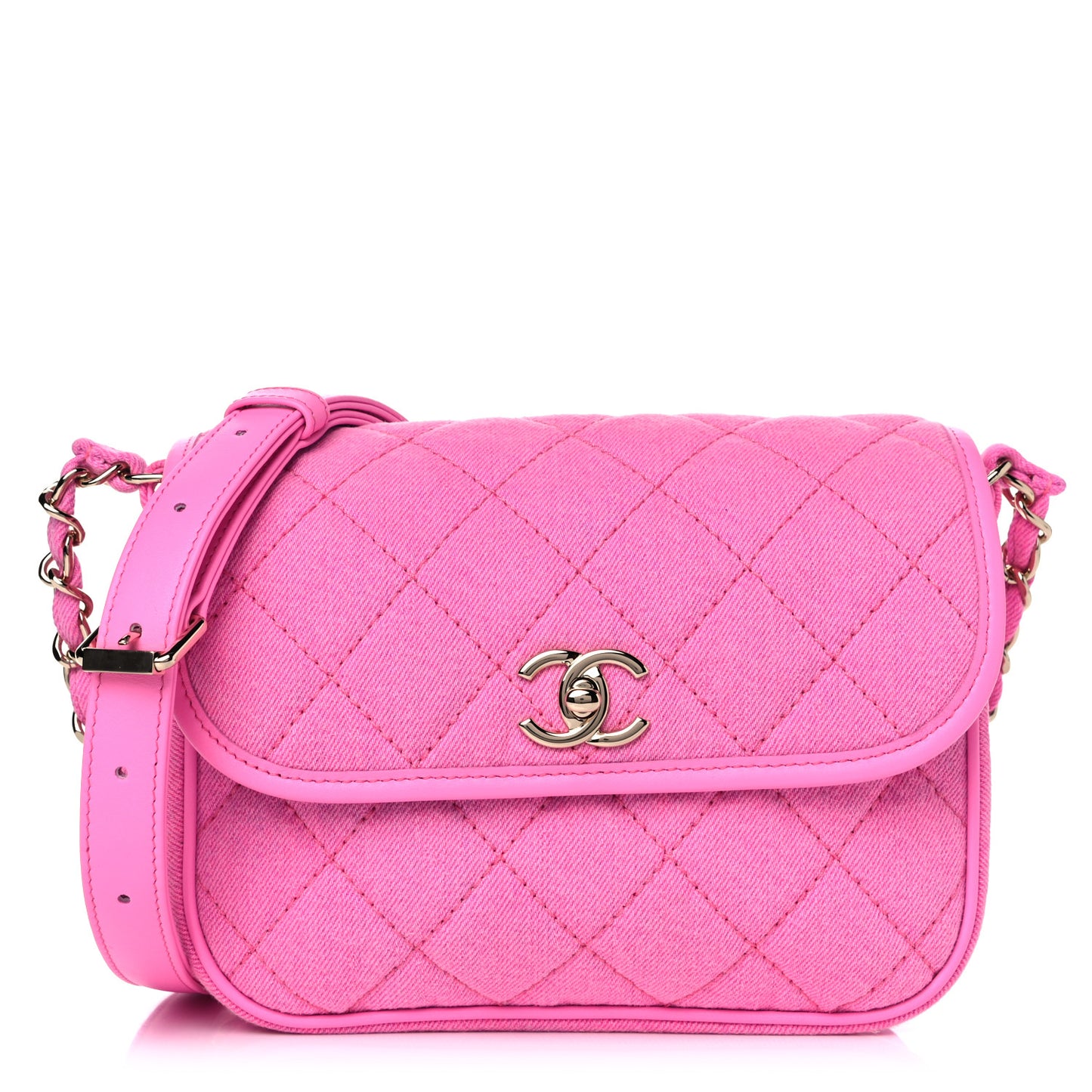 Denim Quilted Small Messenger Flap Neon Pink
