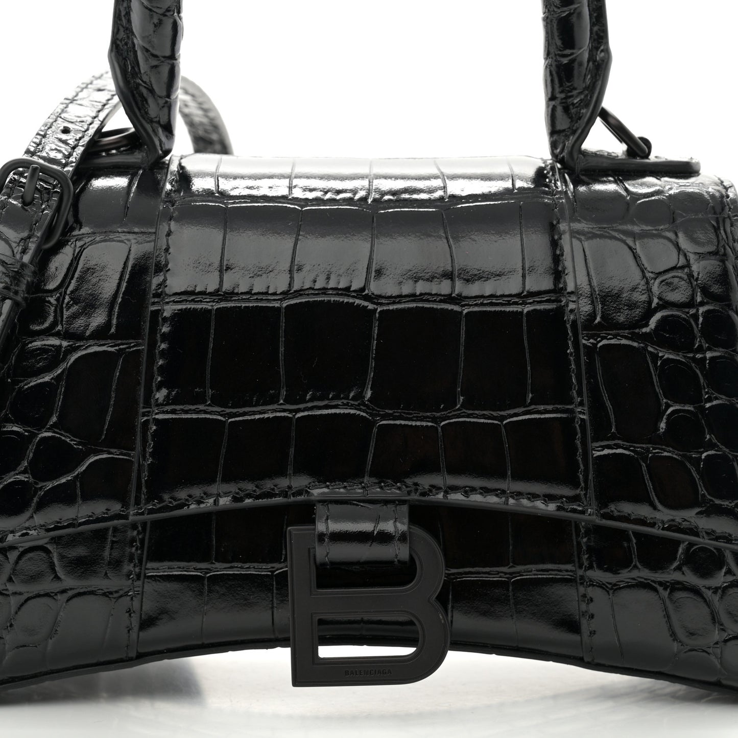 Shiny Calfskin Monochrome Crocodile Embossed Hourglass Top Handle Bag XS Black