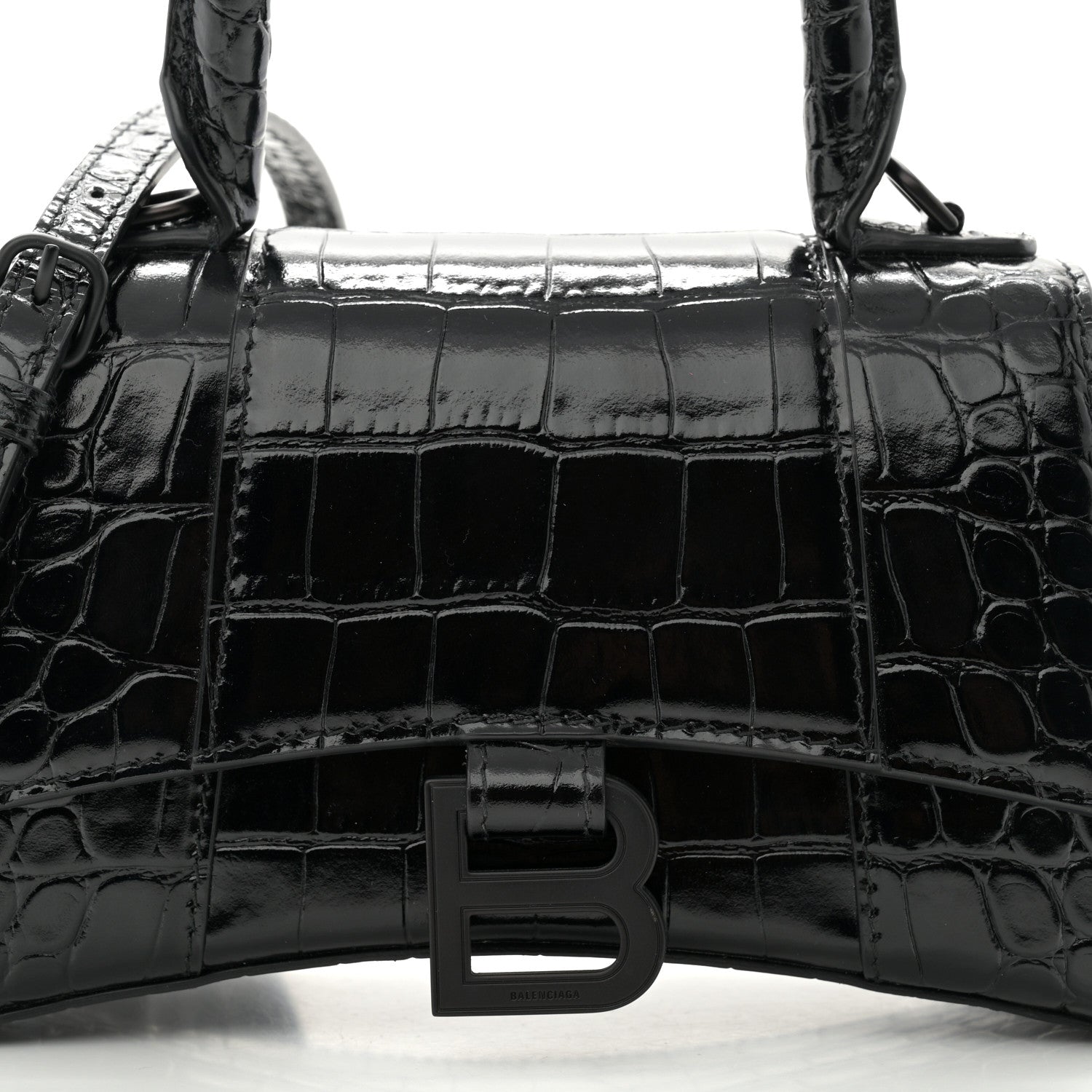 Balenciaga Shiny Calfskin Monochrome Crocodile Embossed Hourglass Top Handle Bag XS Black 8 of 10