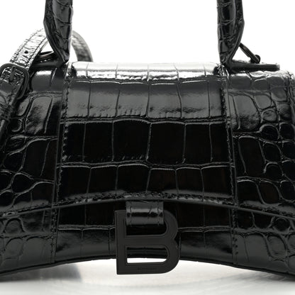 Balenciaga Shiny Calfskin Monochrome Crocodile Embossed Hourglass Top Handle Bag XS Black 8 of 10