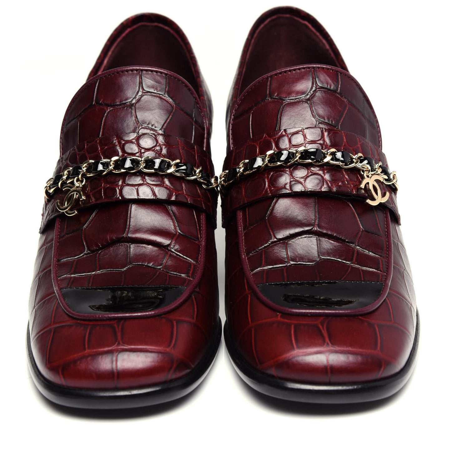 Crocodile Embossed Calfskin CC Chain Mocassin Loafers 38.5 Burgundy Black