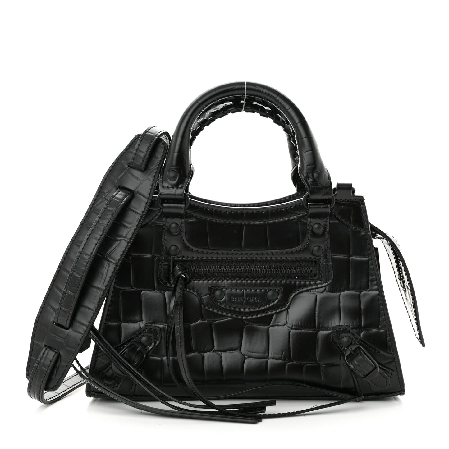 Semi Shiny Calfskin Crocodile Embossed Neo Classic Black Hardware Mini City Black