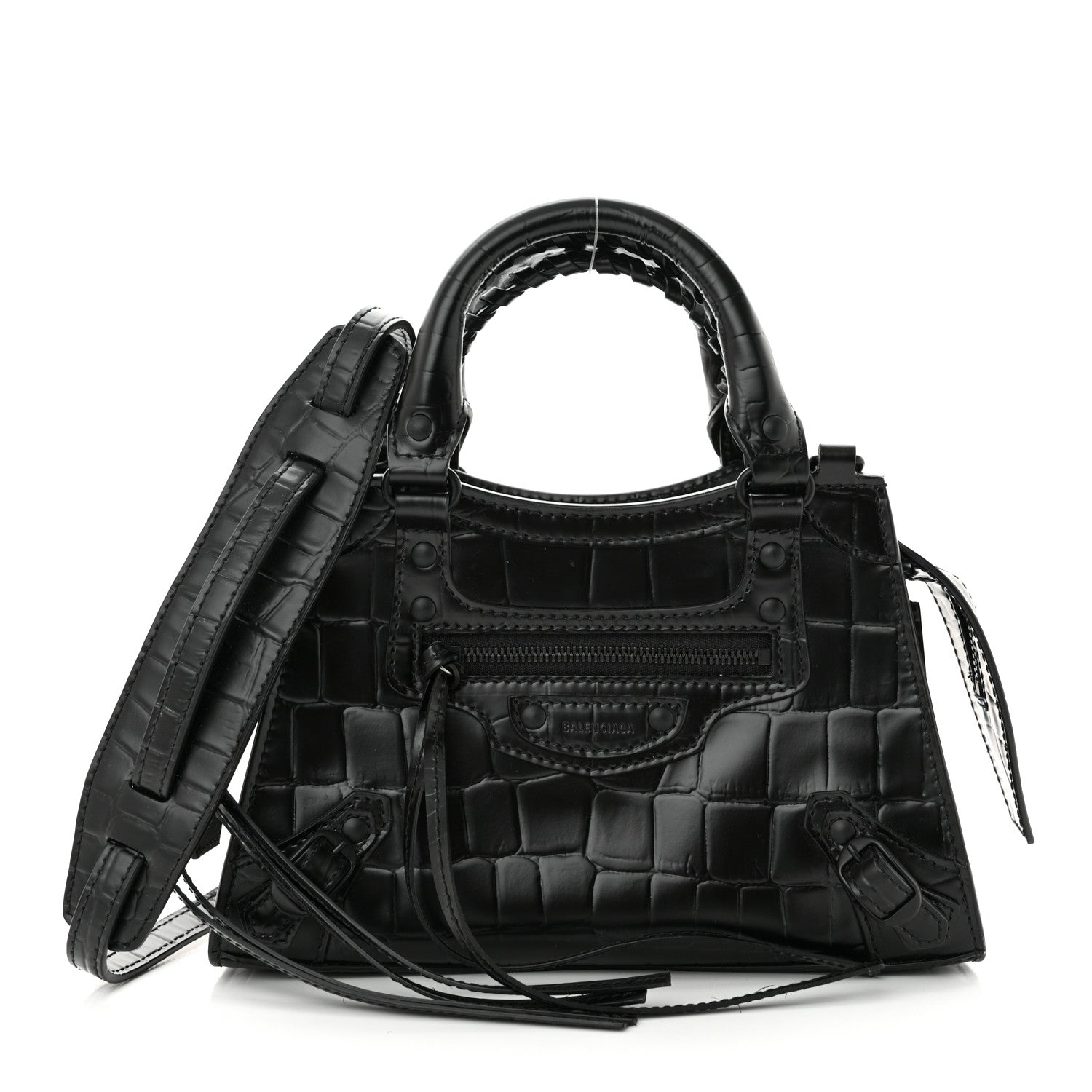 Balenciaga Semi Shiny Calfskin Crocodile Embossed Neo Classic Black Hardware Mini City Black 1 of 9