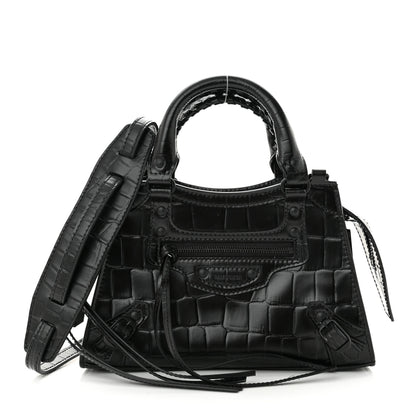 Balenciaga Semi Shiny Calfskin Crocodile Embossed Neo Classic Black Hardware Mini City Black 1 of 9