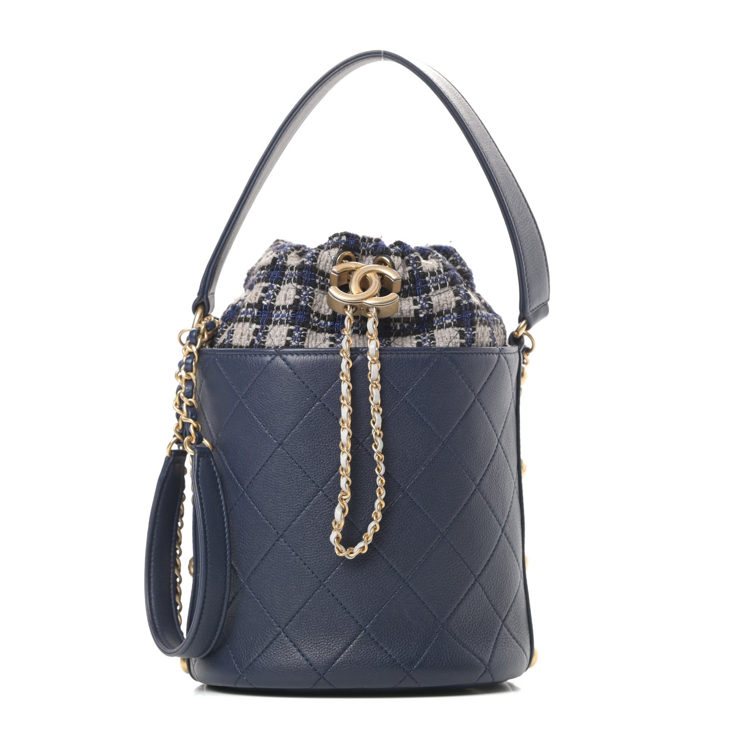 Calfskin Tweed Medium CC Chain Bucket Drawstring Bag Navy Blue Multicolor