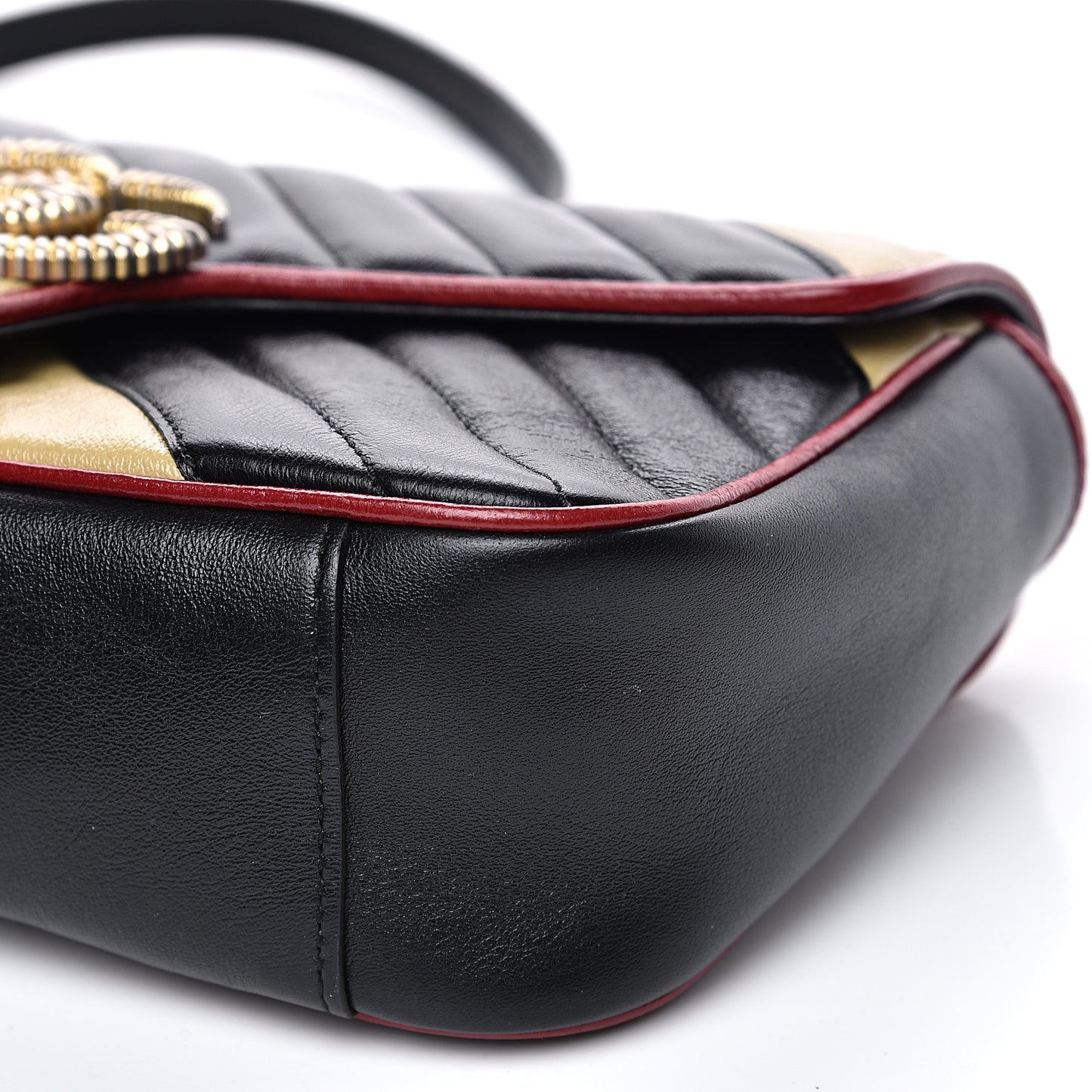 Vintage Effect Calfskin Matelasse Diagonal Striped Small Torchon GG Marmont Shoulder Bag Black Beige