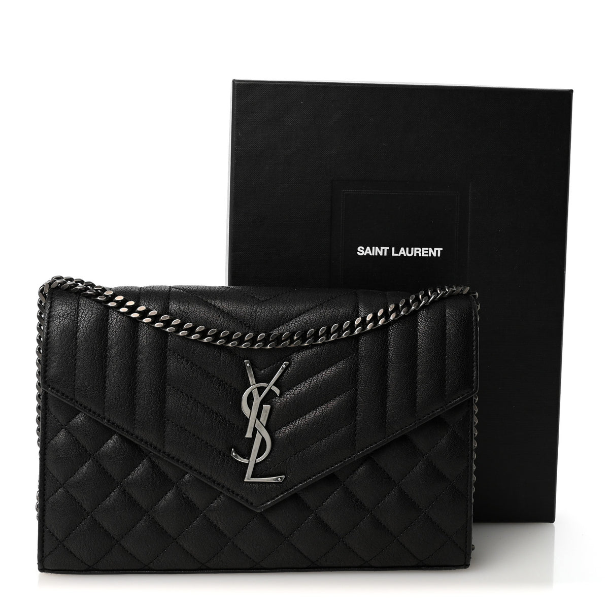 Sheepskin Tri-Quilt Monogram Envelope Chain Wallet Black