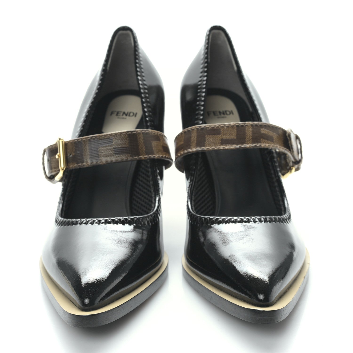 Fendi Glossy Neoprene Glazed Fabric FF FFrame Court Mary Jane Slingback Pumps 38 Black Tobacco Moro 2 of 7