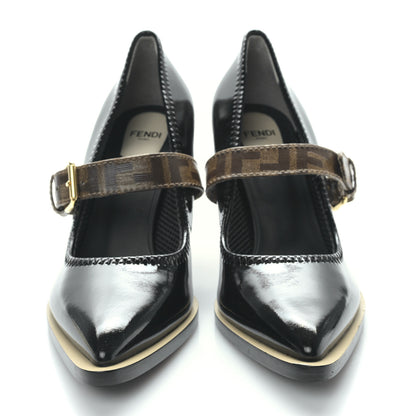 Fendi Glossy Neoprene Glazed Fabric FF FFrame Court Mary Jane Slingback Pumps 38 Black Tobacco Moro 2 of 7