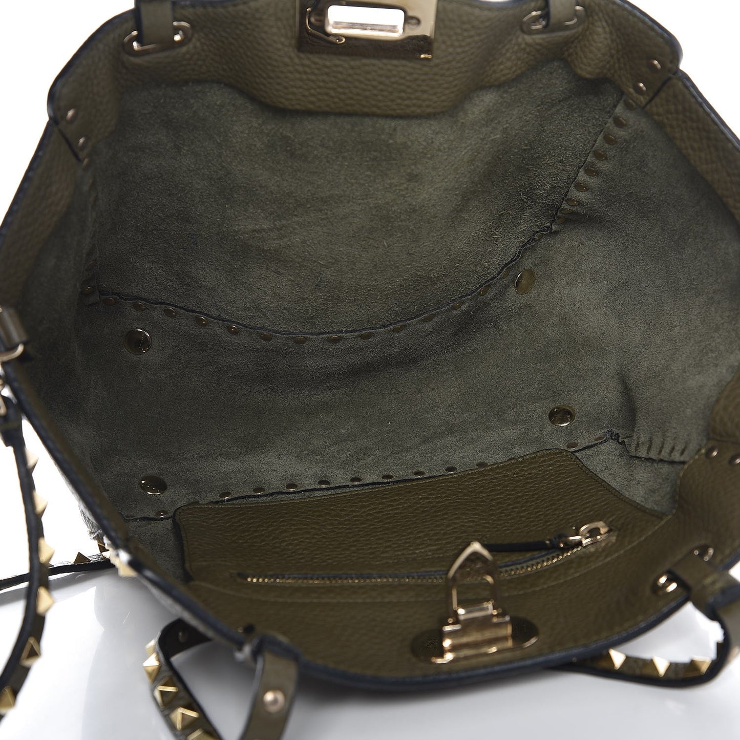 Pebbled Calfskin Small Rockstud Tote Army Green