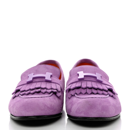 Hermes Suede Goatskin Womens Royal Loafers 37.5 Violet Parme 2 of 8