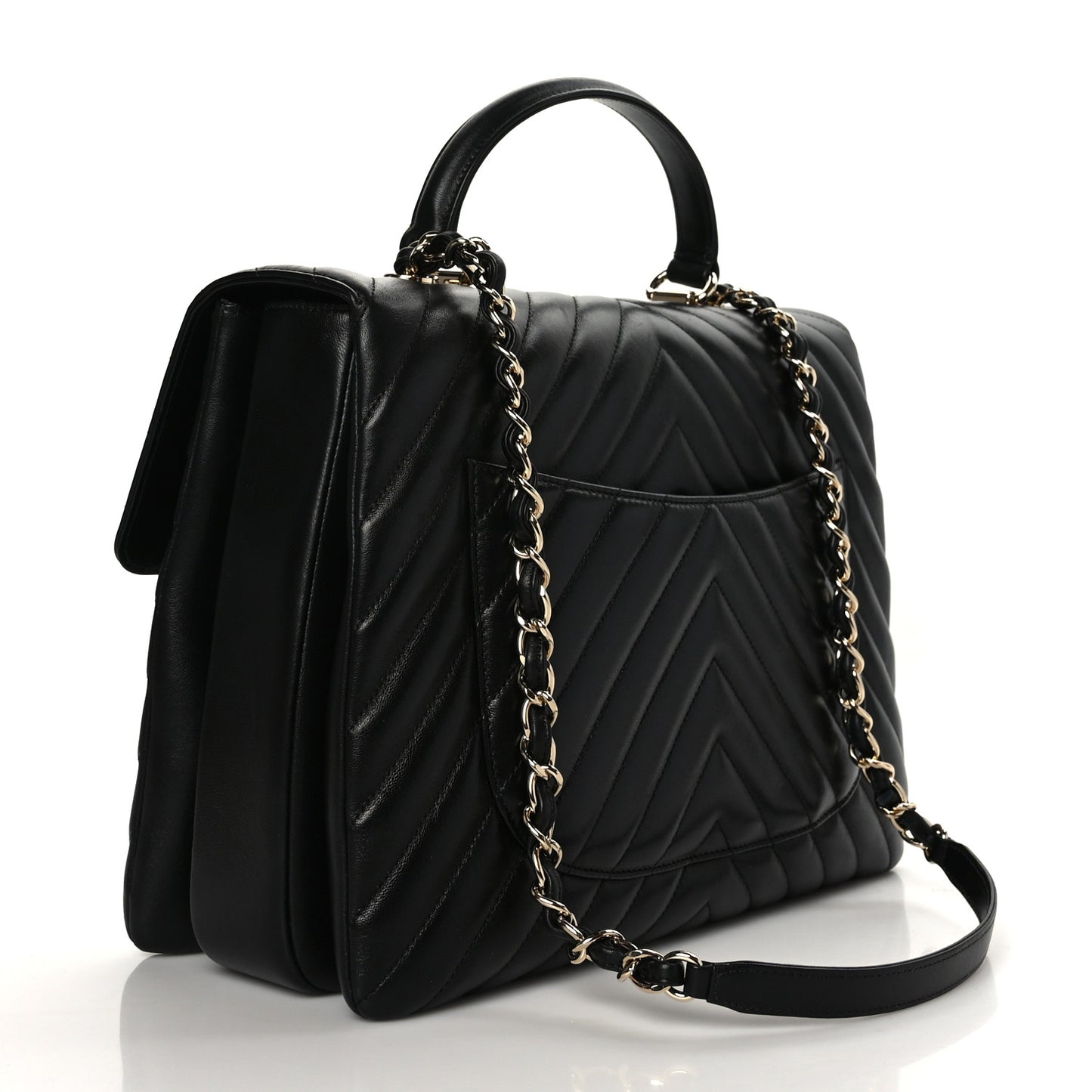 Lambskin Chevron Quilted Large Trendy CC Dual Handle Flap Bag Black