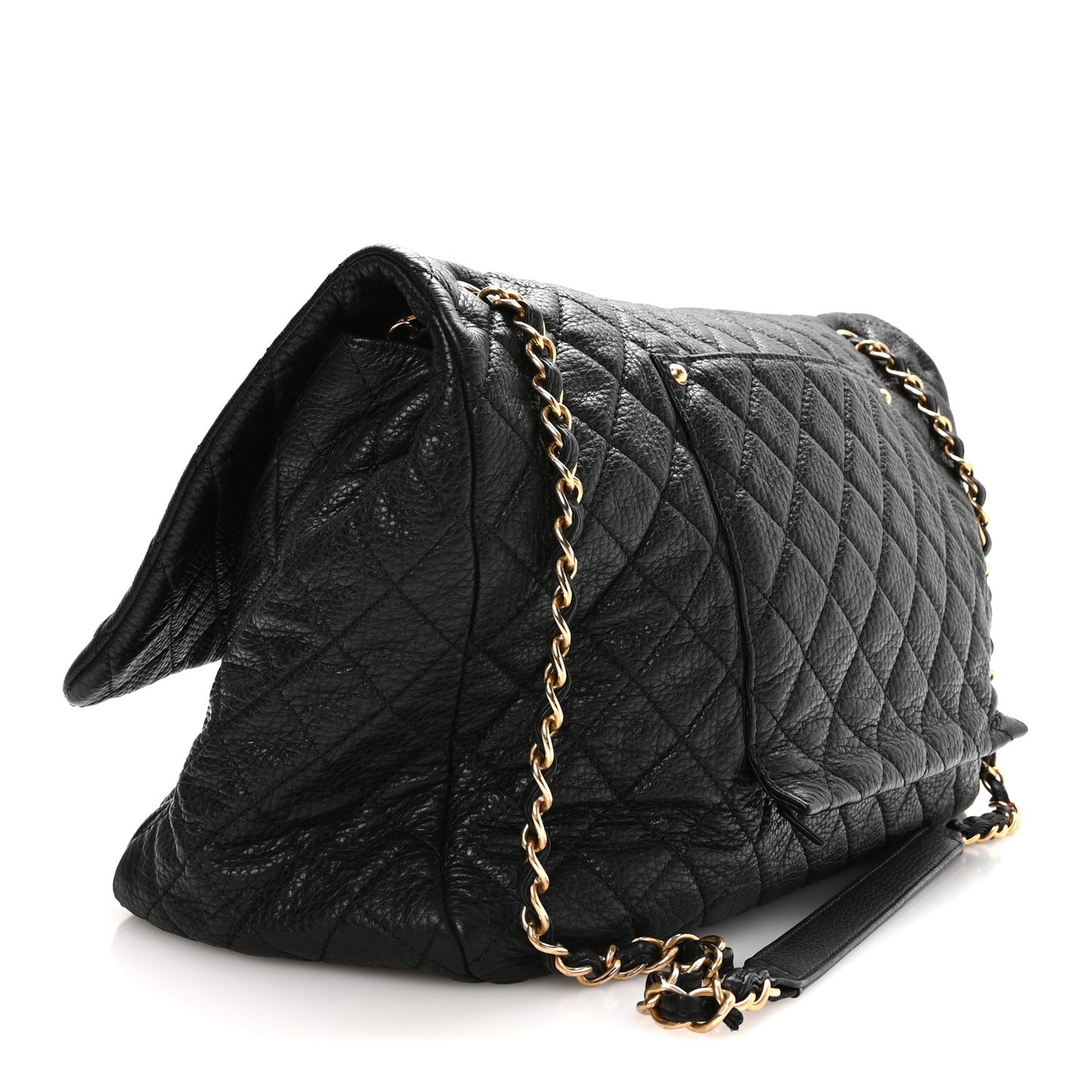 Grained Calfskin Quilted XXL Travel Flap Bag Black