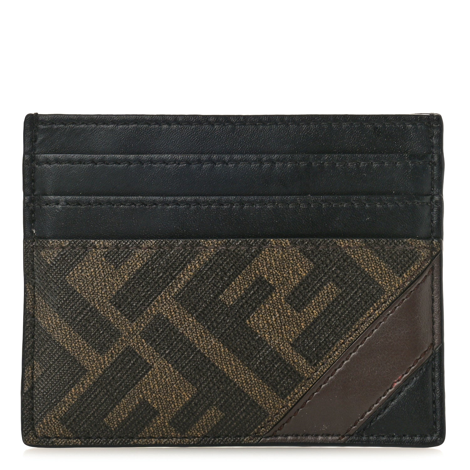 Fendi Glazed Fabric Vitello Liberty FF 1974 Diagonal Card Holder Tobacco Black 1 of 8