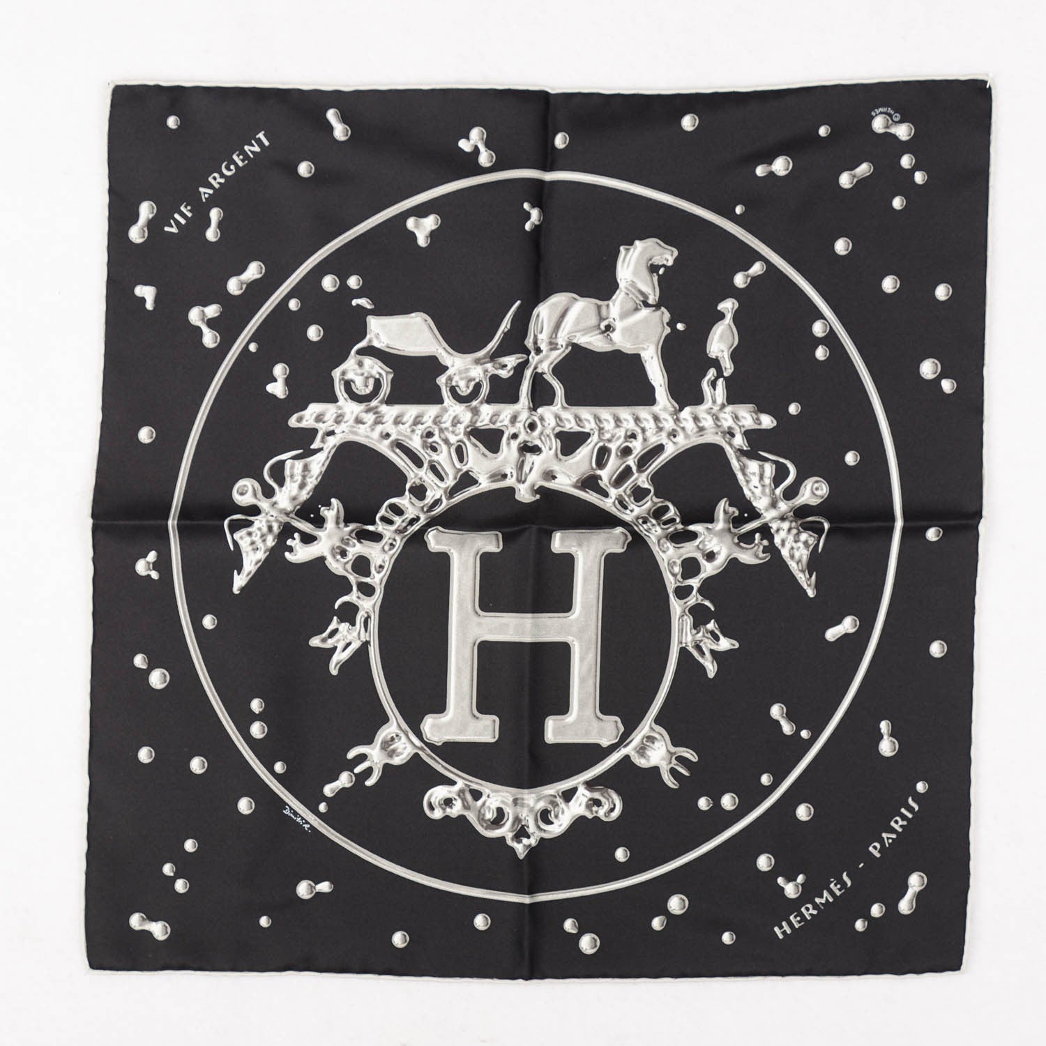 Hermes Silk Vif Argent Pocket Square Scarf Gris Black Argent 2 of 5