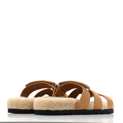 Hermes Suede Goatskin Woolskin Womens Chypre Sandals 38 Golden Beige 3 of 4
