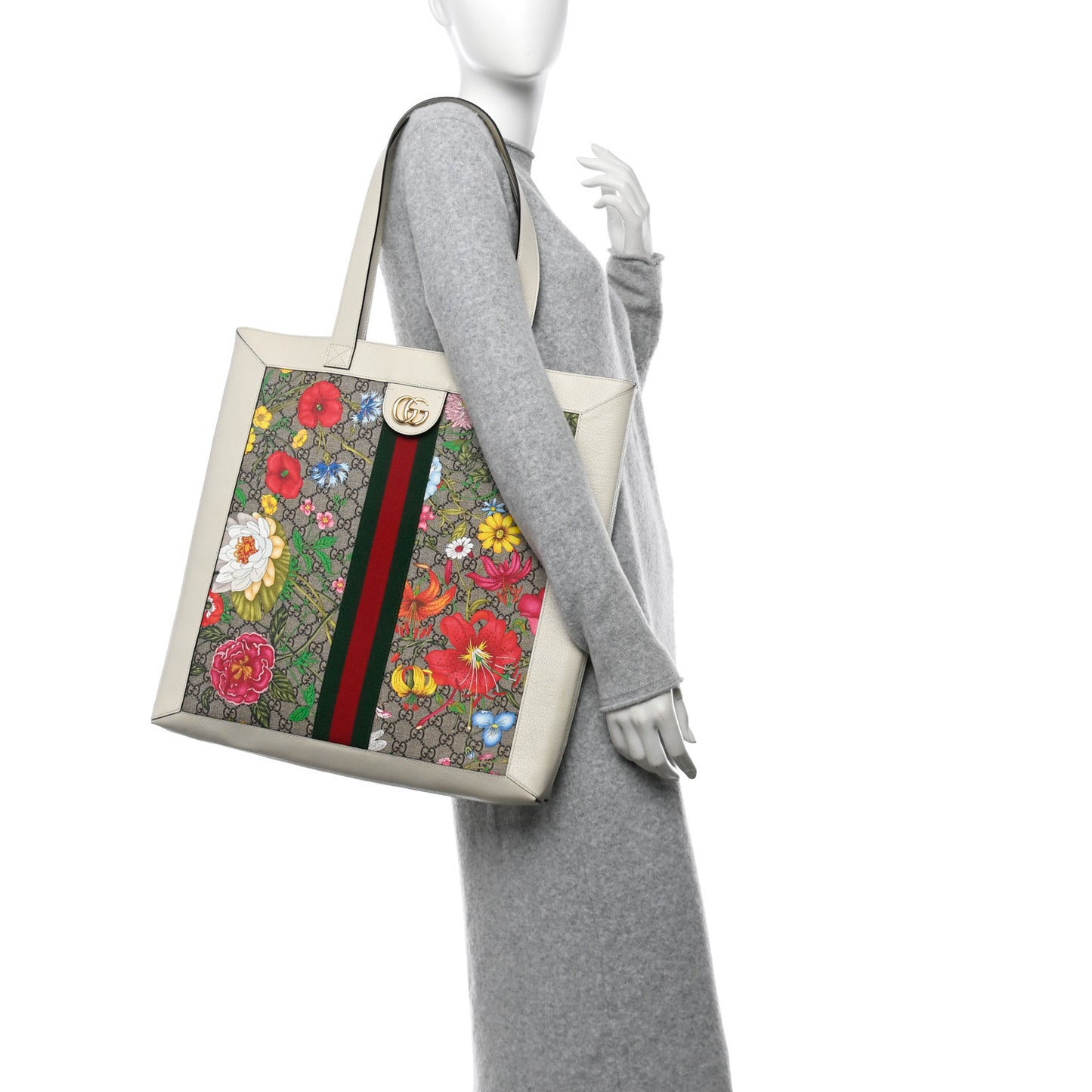 GG Supreme Monogram Flora Web Ophidia Vertical Shopping Tote White