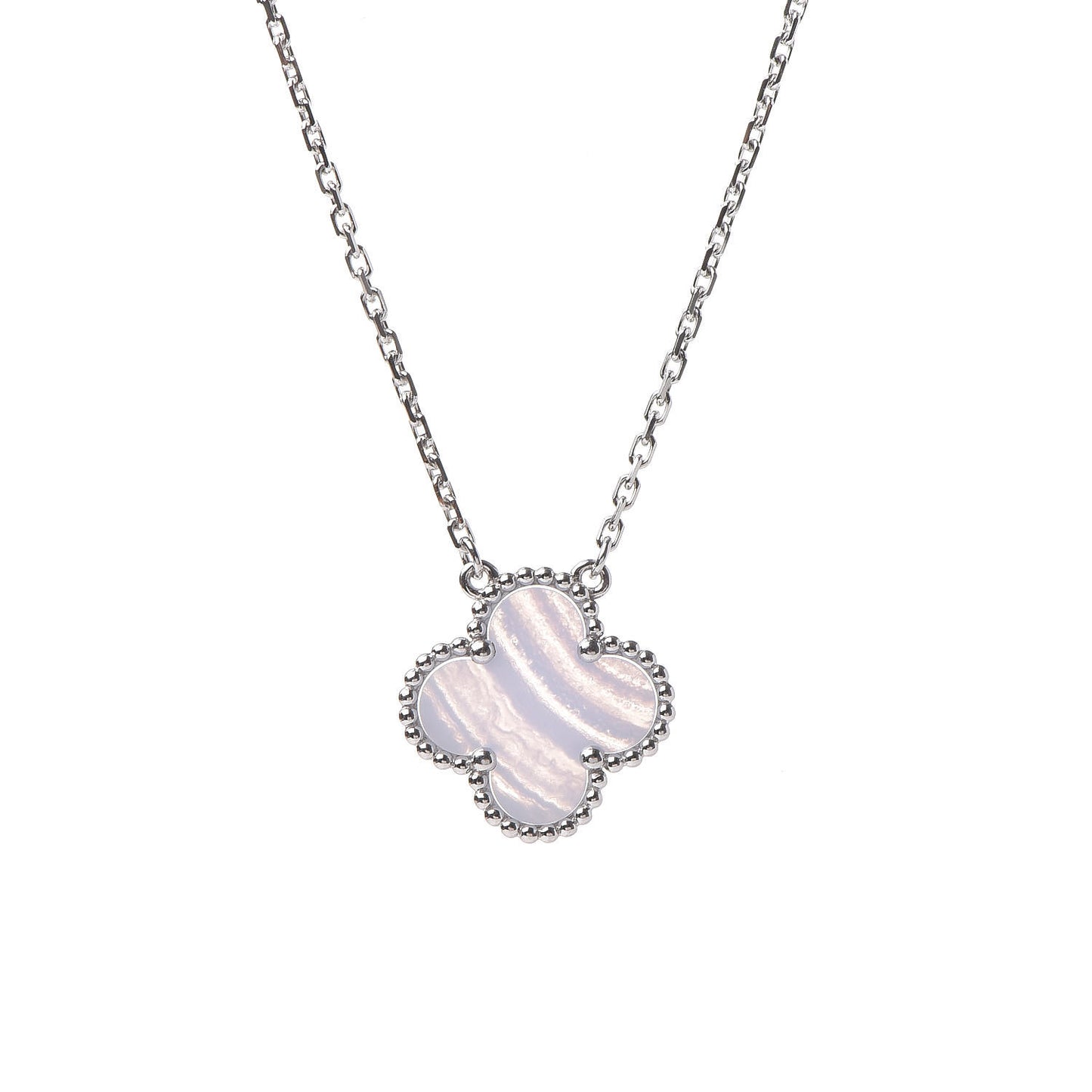 18K White Gold Chalcedony Vintage Alhambra Pendant Necklace