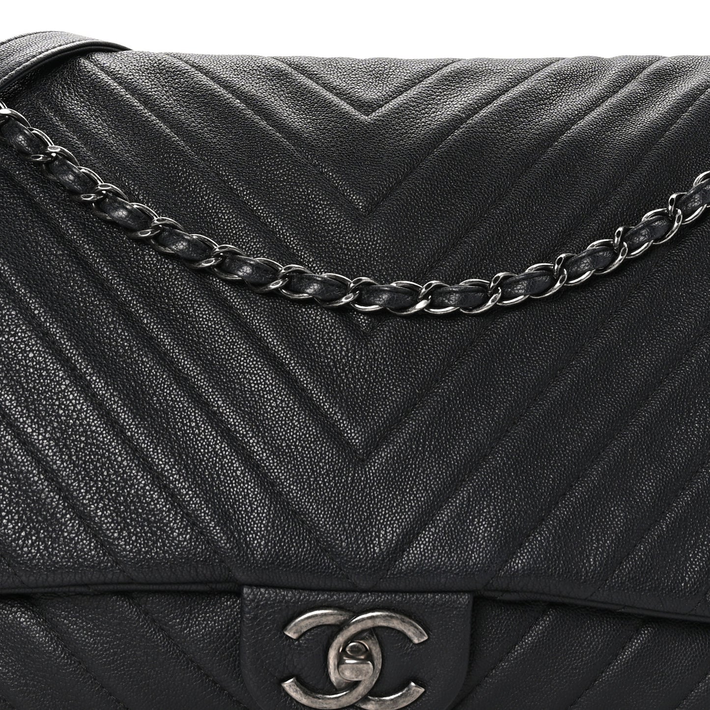 Calfskin Chevron Quilted XXL Travel Flap Bag Black