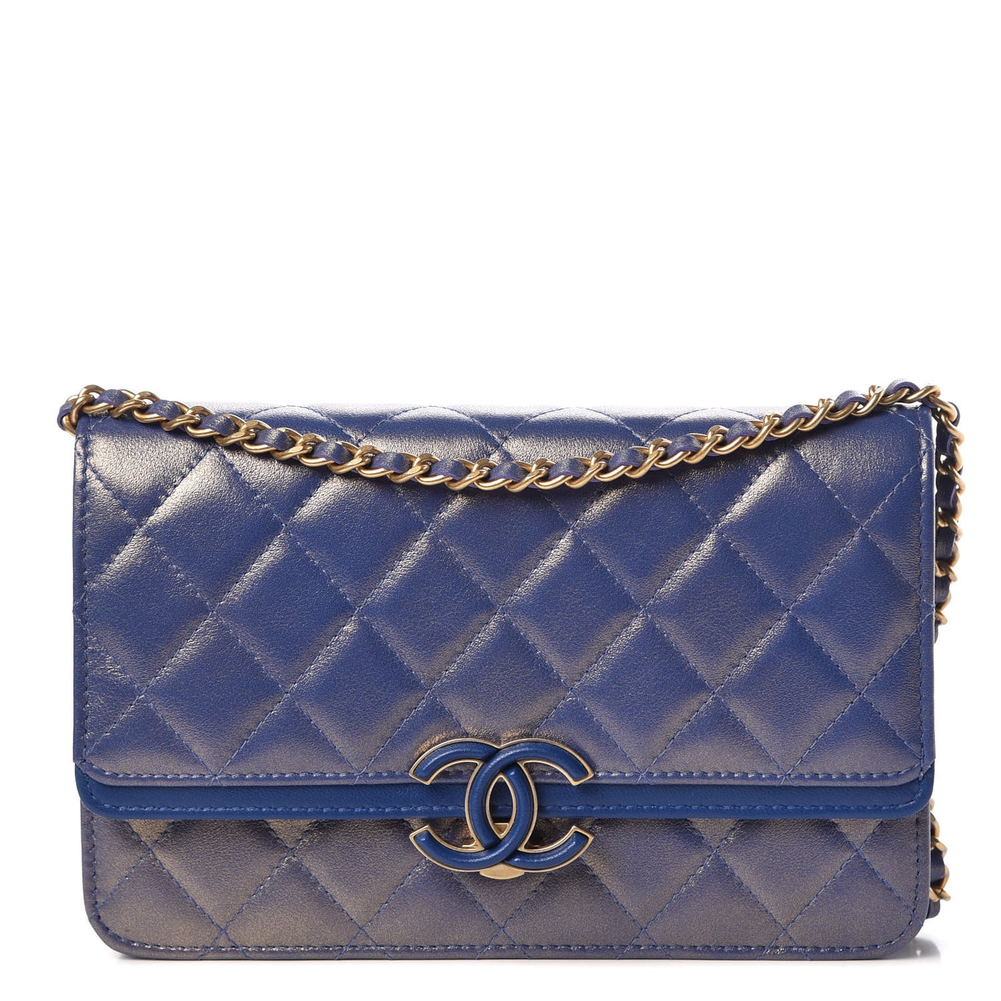 Iridescent Lambskin Quilted Wallet on Chain WOC Blue