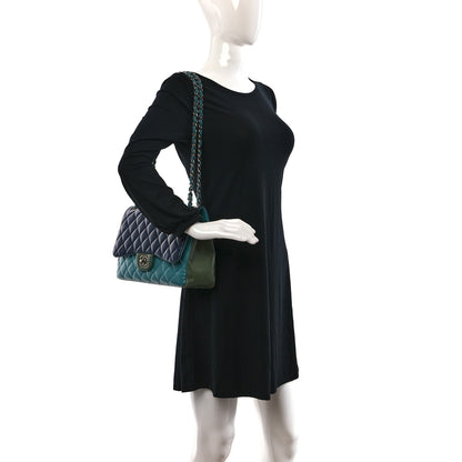Chanel Lambskin Quilted Tri-Color Jumbo Double Flap Navy Blue Green 2 of 13