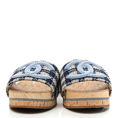 Chanel Tweed Mixed Fibers Cork CC Mule Sandal 37 Navy Blue White Blue 2 of 7