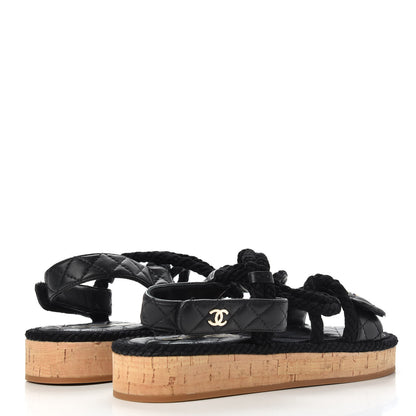 Chanel Cord Lambskin Quilted Logo Sandals 37 Black 4 of 8
