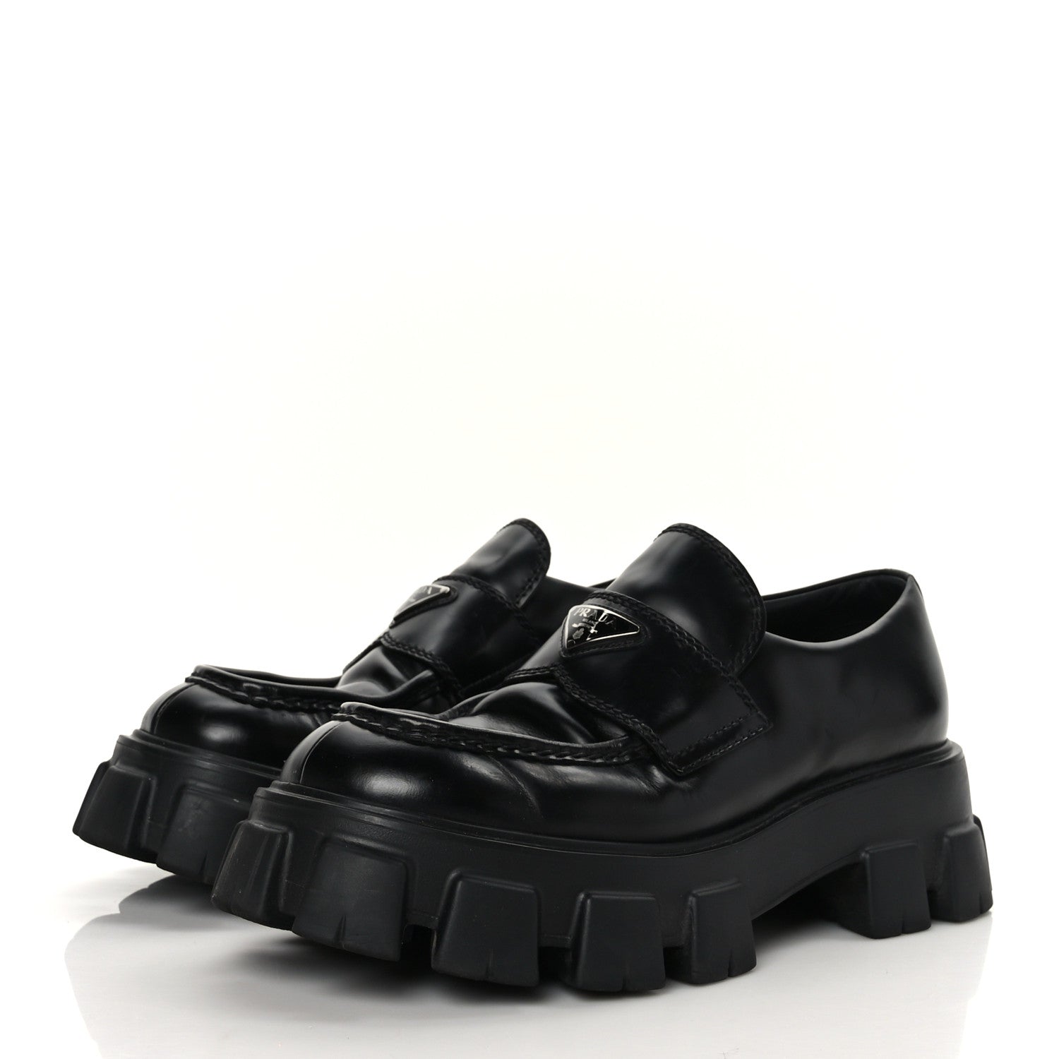 Prada Spazzolato Rois Metal Triangle Logo Mens Monolith 60mm Loafers 8 Black 3 of 10
