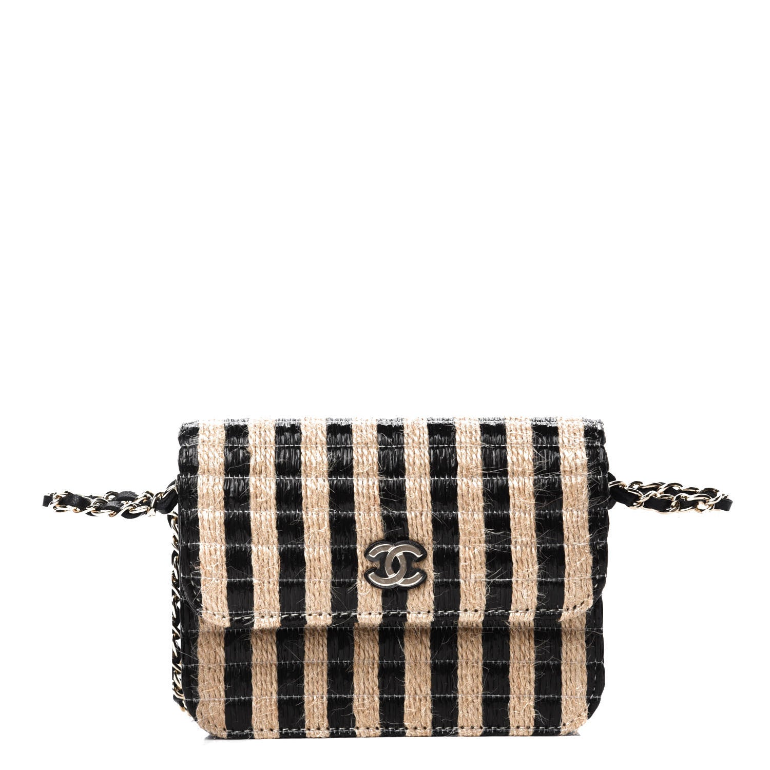 Chanel Raffia Jute Striped Belt Bag Black Beige 1 of 11
