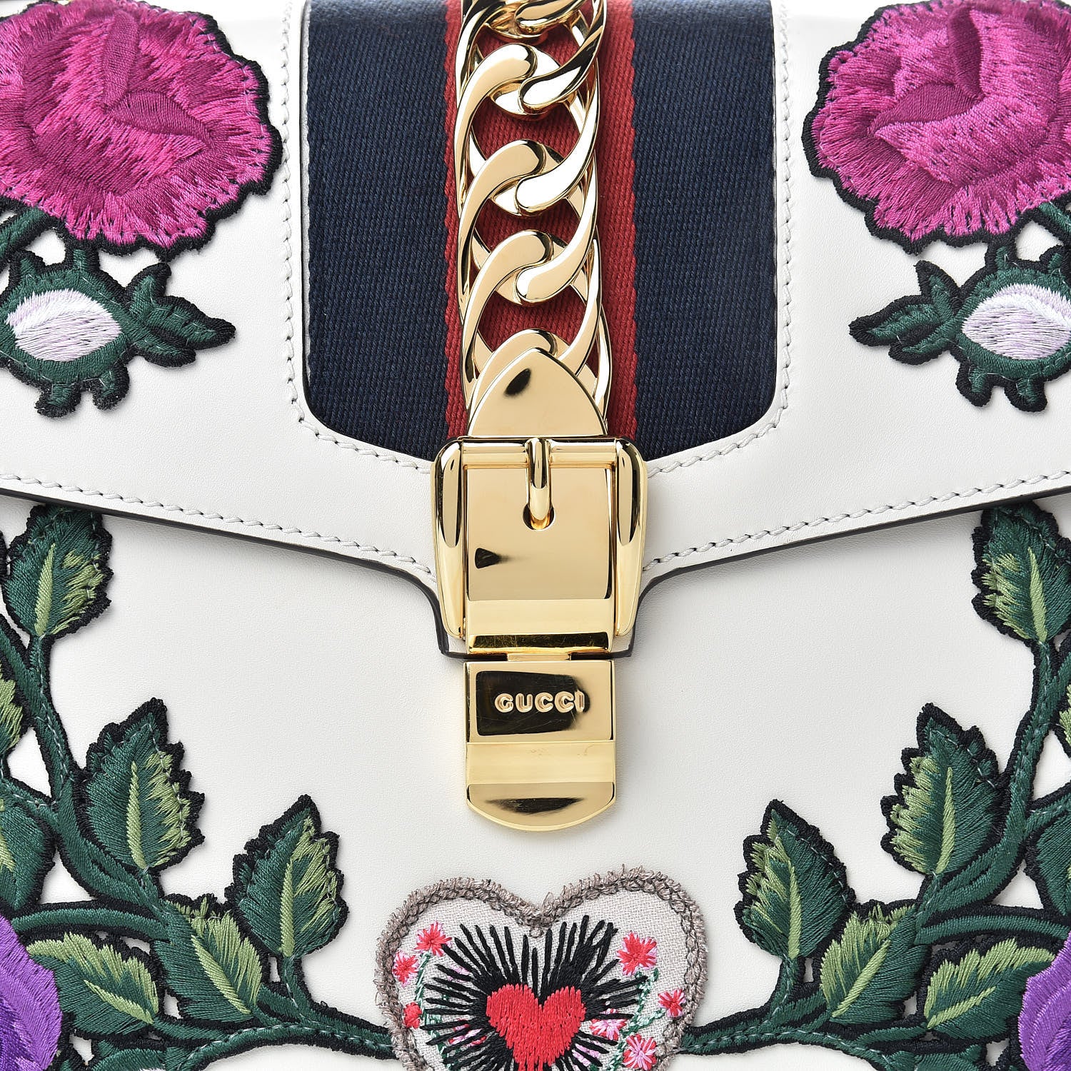 Gucci Calfskin Embroidered Medium Sylvie Top Handle Bag White 8 of 10