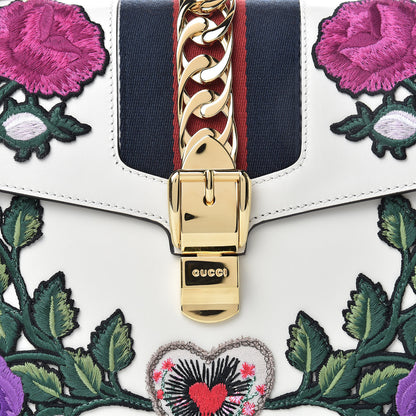 Gucci Calfskin Embroidered Medium Sylvie Top Handle Bag White 8 of 10