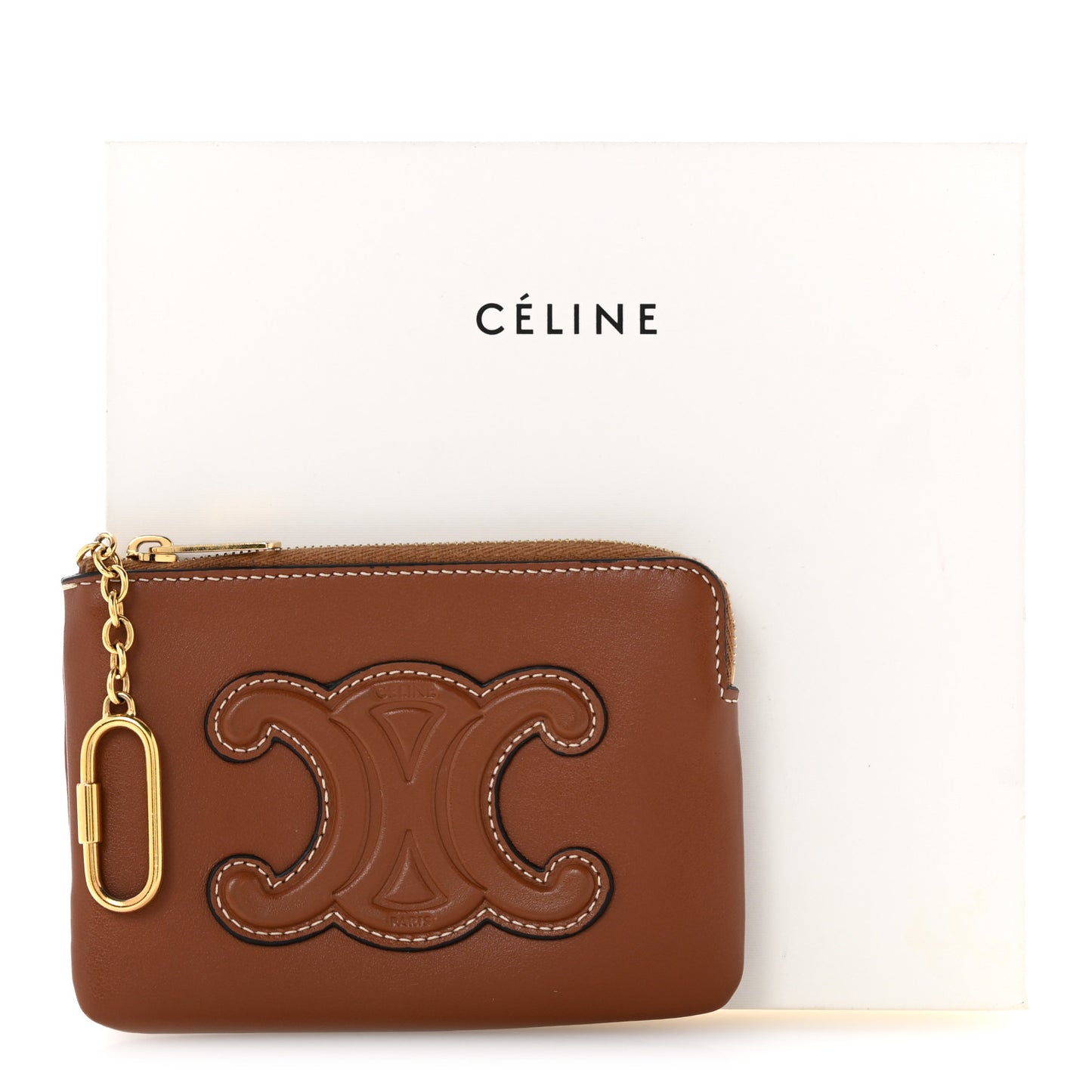 Smooth Calfskin Cuir Triomphe Coin and Card Pouch With Hook Tan