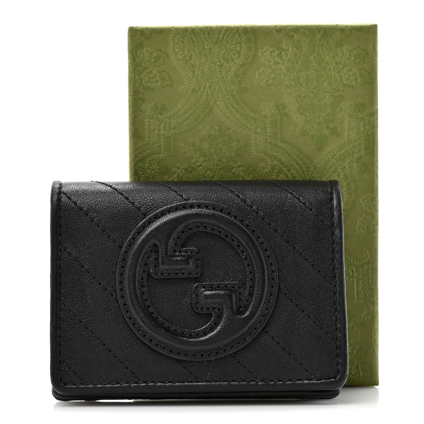 Sakai Be Green Calfskin Diagonal Stitched Blondie Card Case Wallet Black