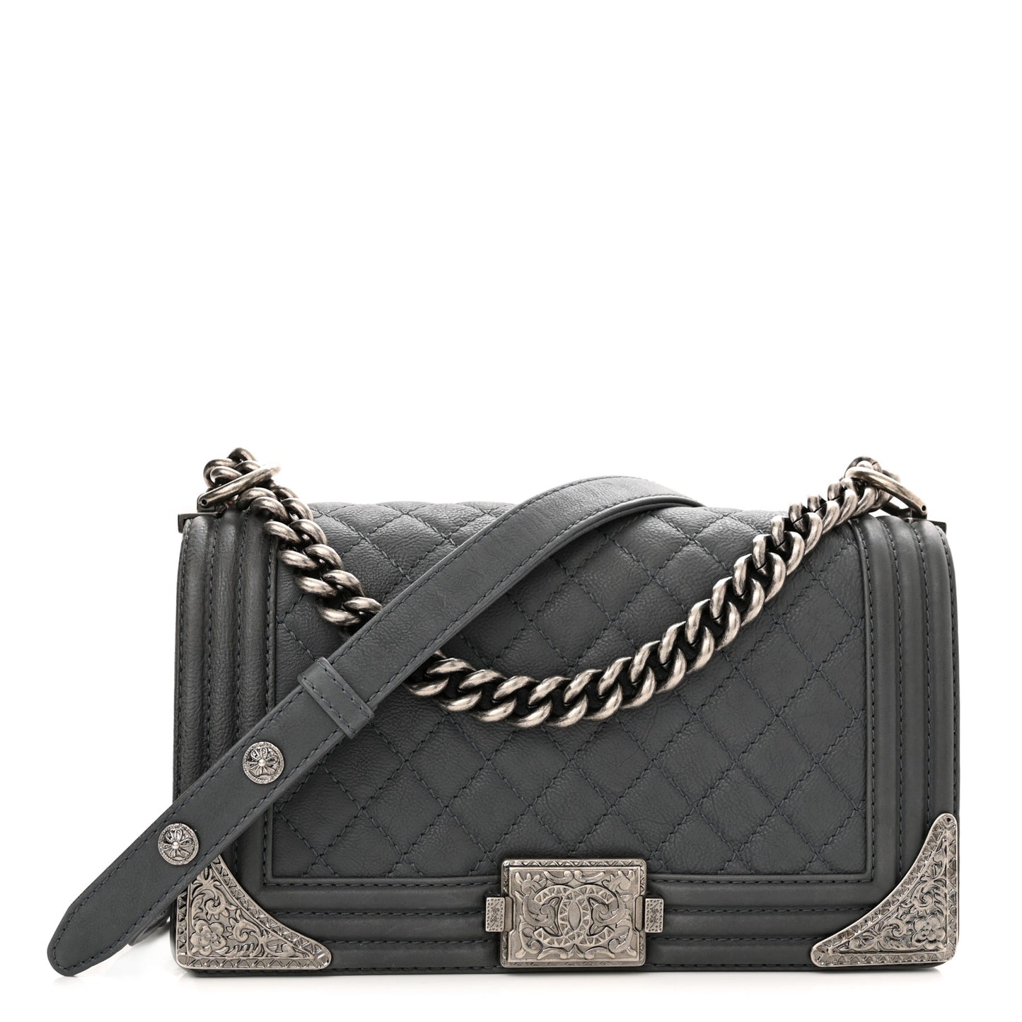 Calfskin Quilted Metal Embellished Paris Dallas Medium Boy Flap Grey