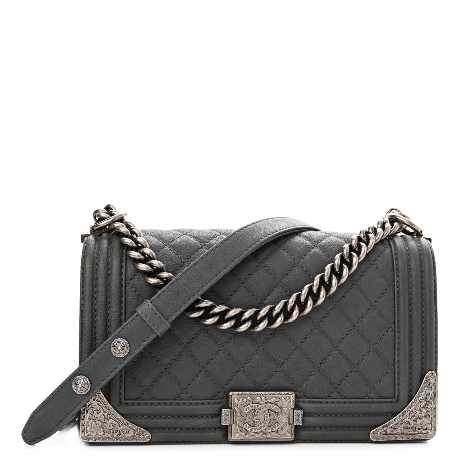 Chanel Calfskin Quilted Metal Embellished Paris Dallas Medium Boy Flap Grey 1 of 13