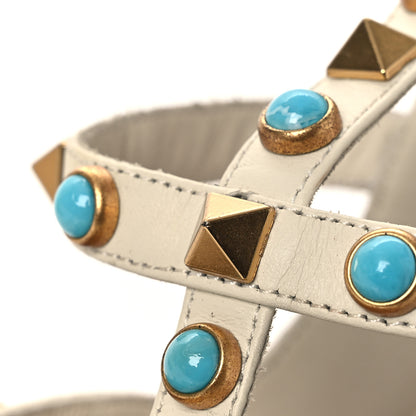 Valentino Garavani Pebbled Calfskin Turquoise Rockstud Rolling Ankle Strap 100mm Pumps 37.5 Ivory 14 of 15