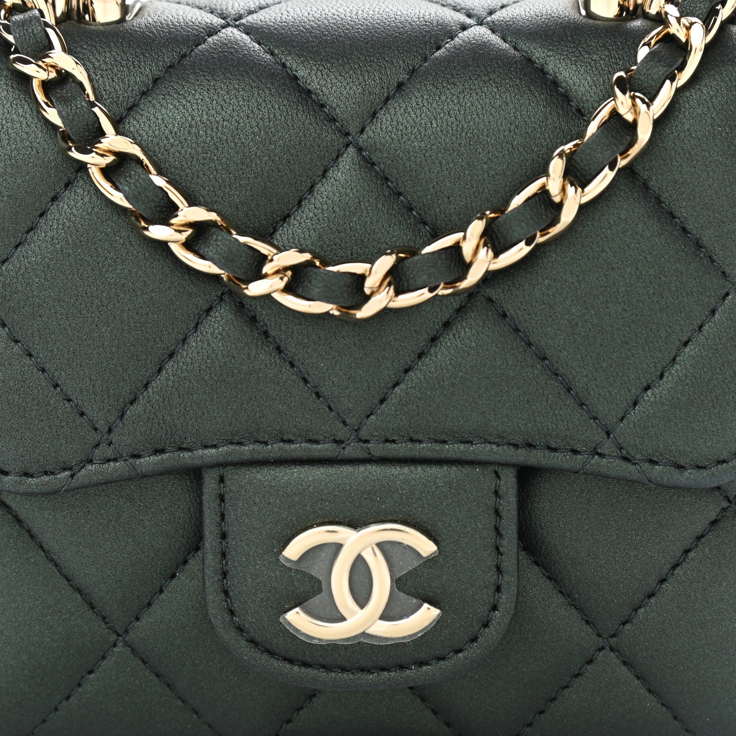 Chanel Iridescent Lambskin Quilted Top Handle Flap Clutch With Chain Dark Green 8 of 10