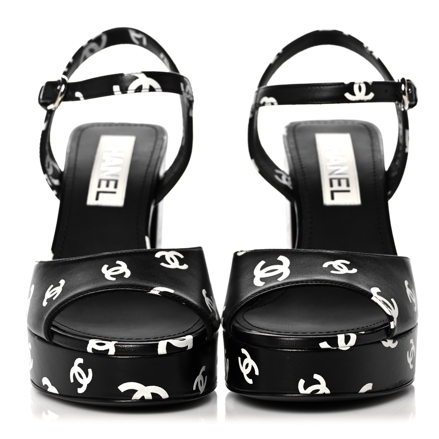 Printed Lambskin CC Platform Sandals 39 Black White