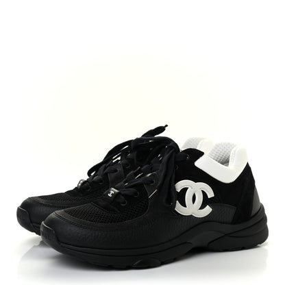 Chanel Mesh Suede Grained Calfskin Womens CC Sneakers 38 Black White 3 of 7