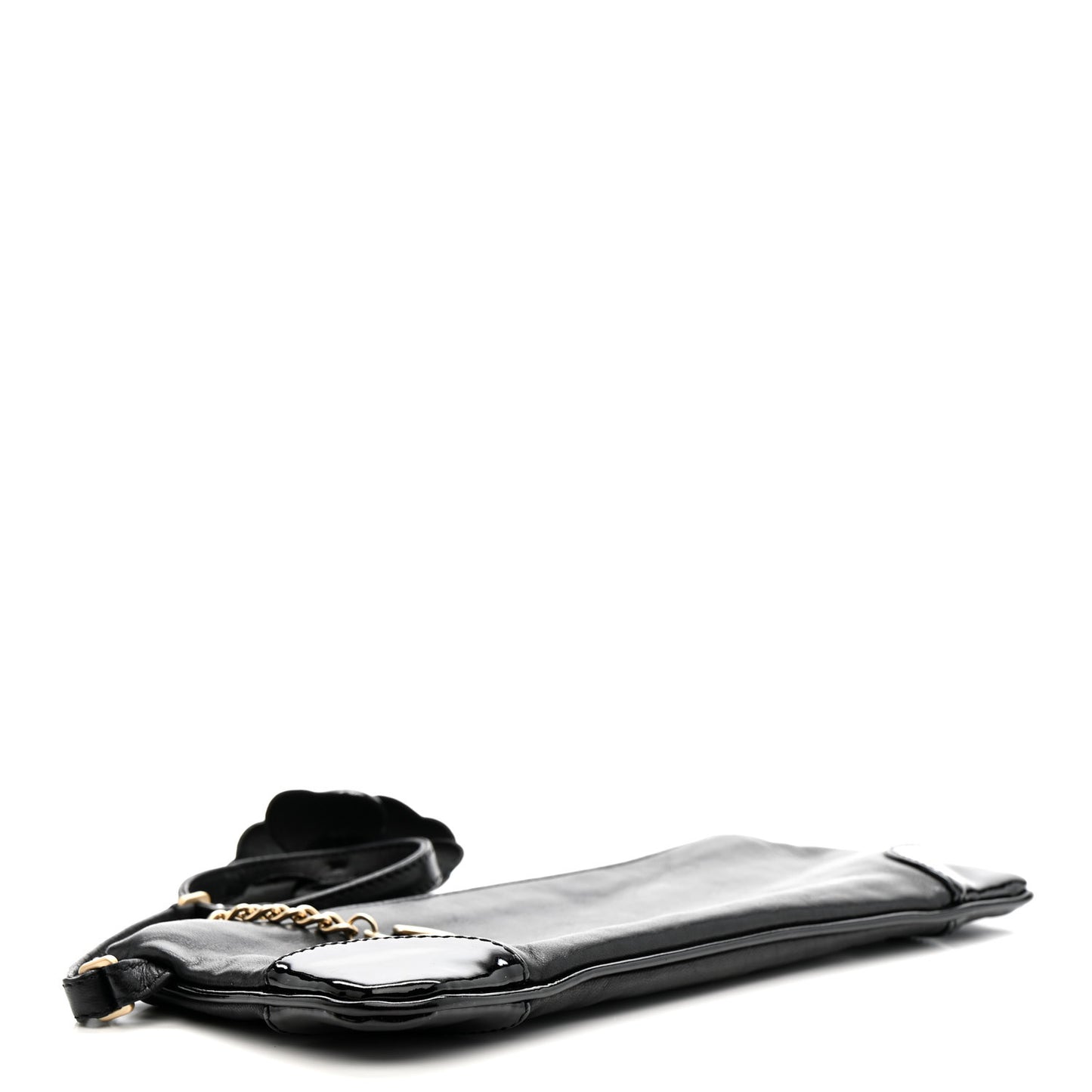Lambskin Patent Camellia Wristlet Black