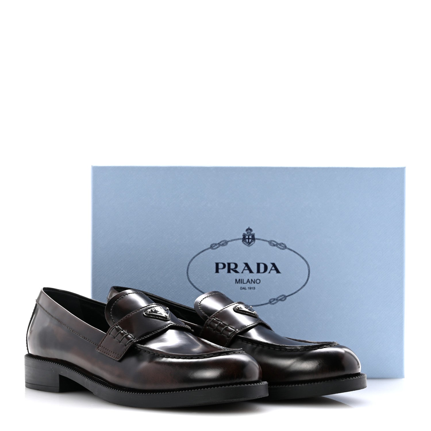 Prada Spazzolato Fume Metal Triangle Logo 35mm Loafers 38.5 Bruciato 9 of 9
