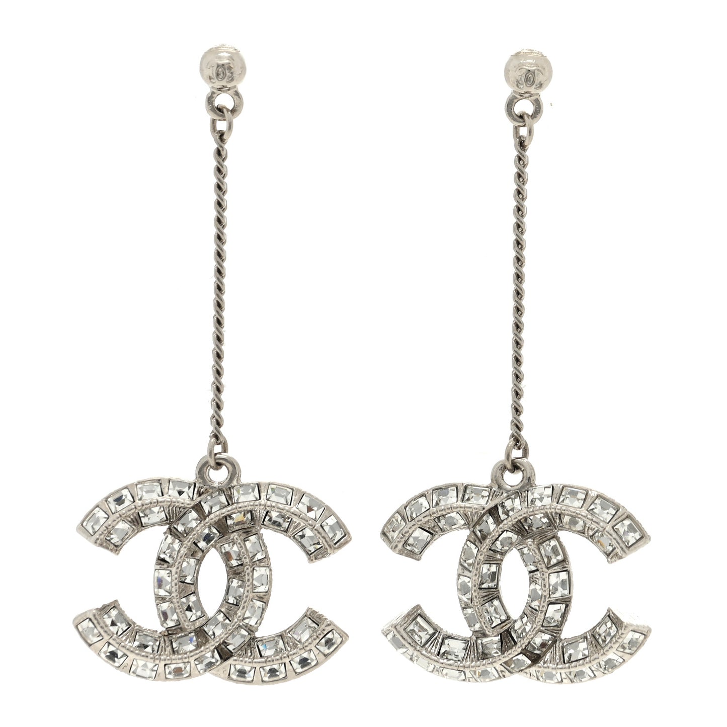 Baguette Crystal CC Drop Earrings Silver