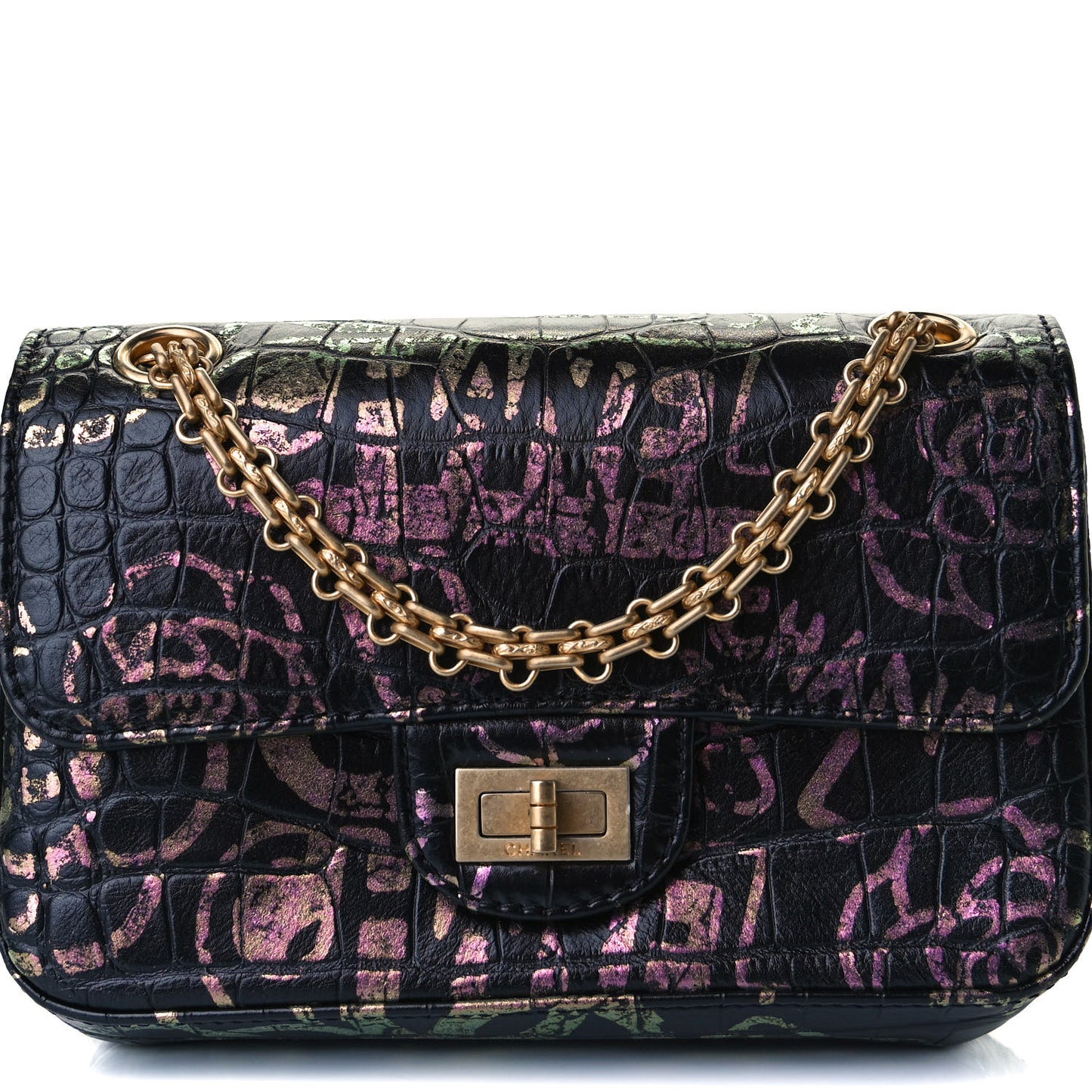 Calfskin Crocodile Embossed Graffiti 2.55 Mini Cocodile Reissue Flap Black Pink