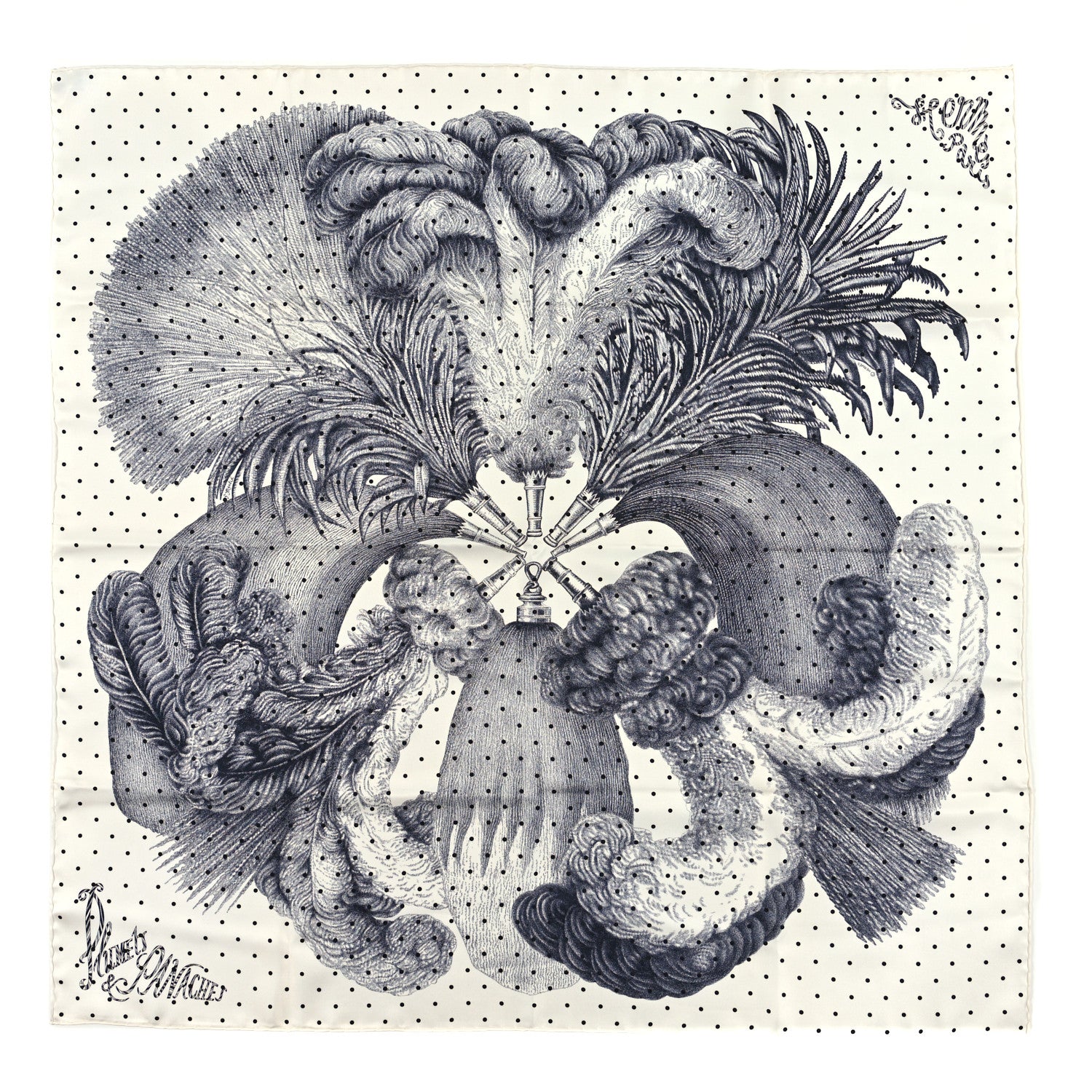 Hermes Silk Plumets Et Panaches Scarf 90 White Black Anthracite 1 of 3